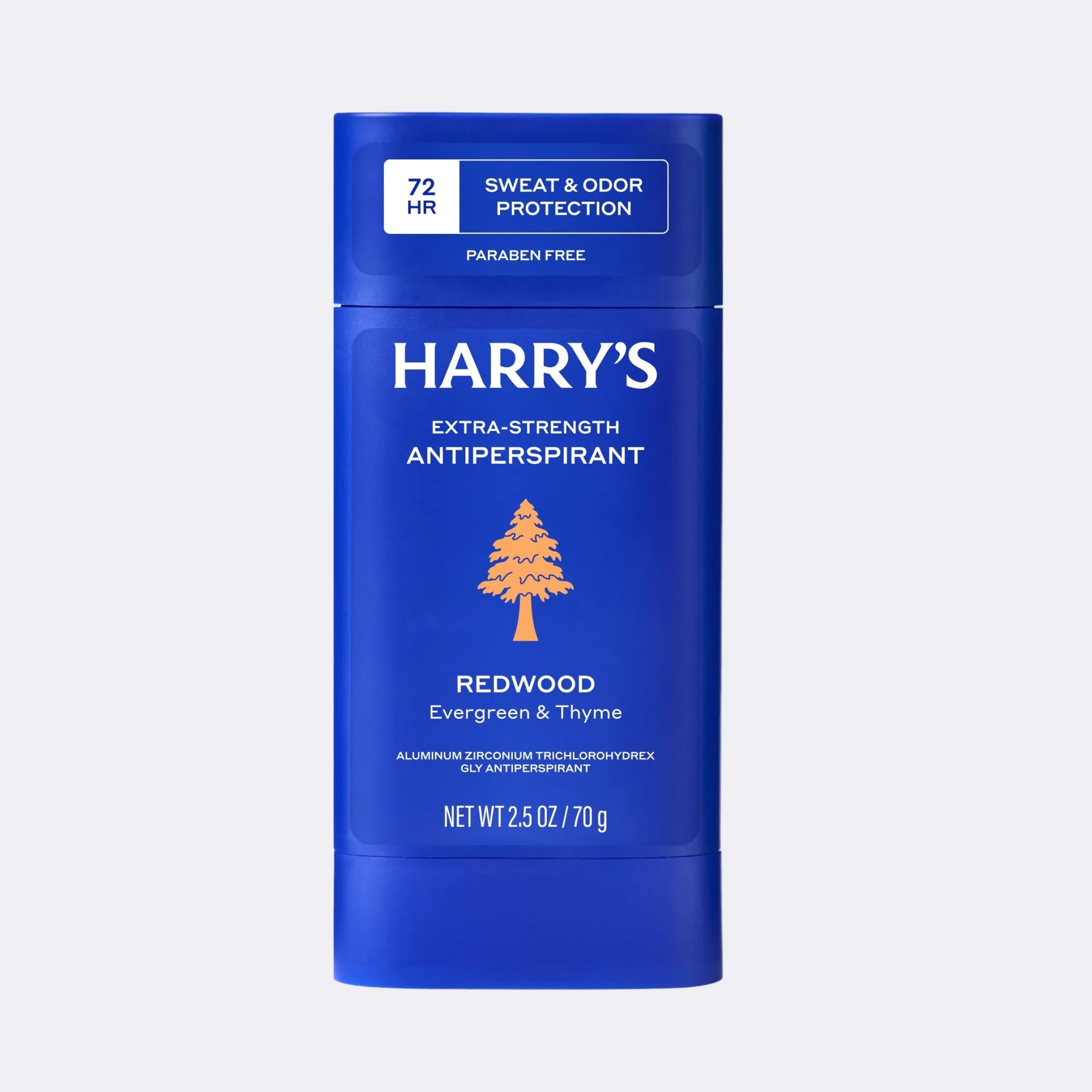 Blue container of Harry's Extra-Strength Antiperspirant on a light blue background