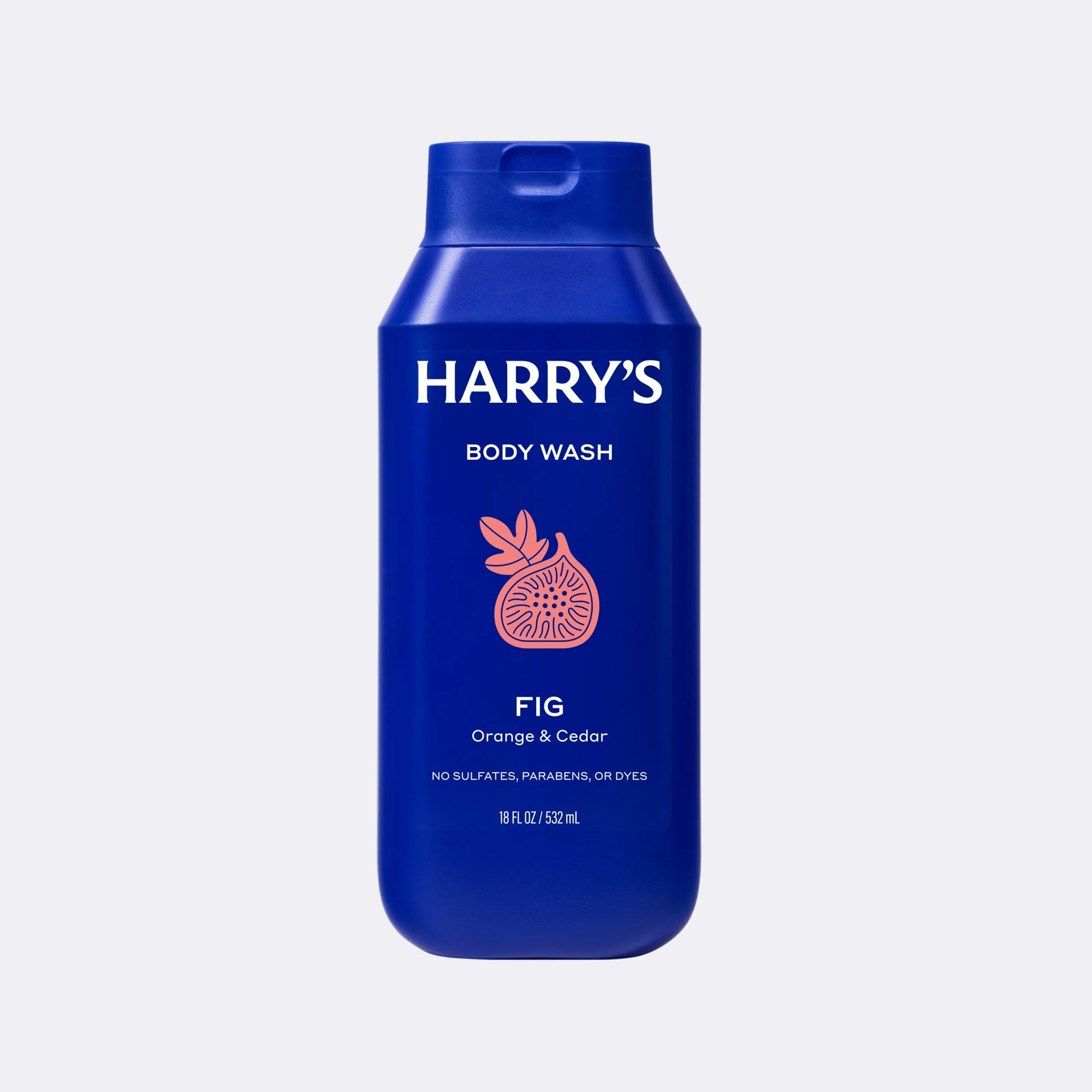A 350ml bottle of Harry's Body Wash in Fig Orange & Cedar scent, featuring a deep blue bottle with a pink fig illustration and white text, set against a light gray background.