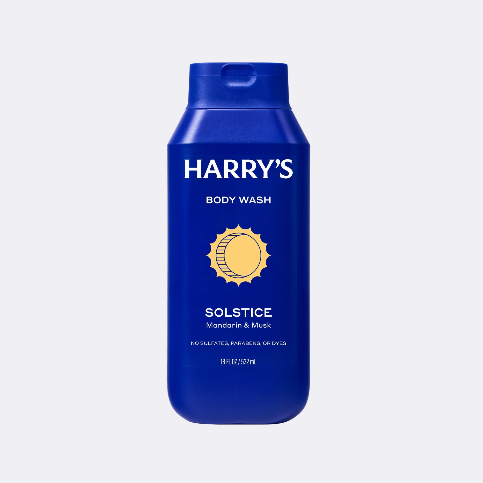 A blue bottle of Harry's Body Wash, Solstice Mandarin & Musk, on a light gray background.