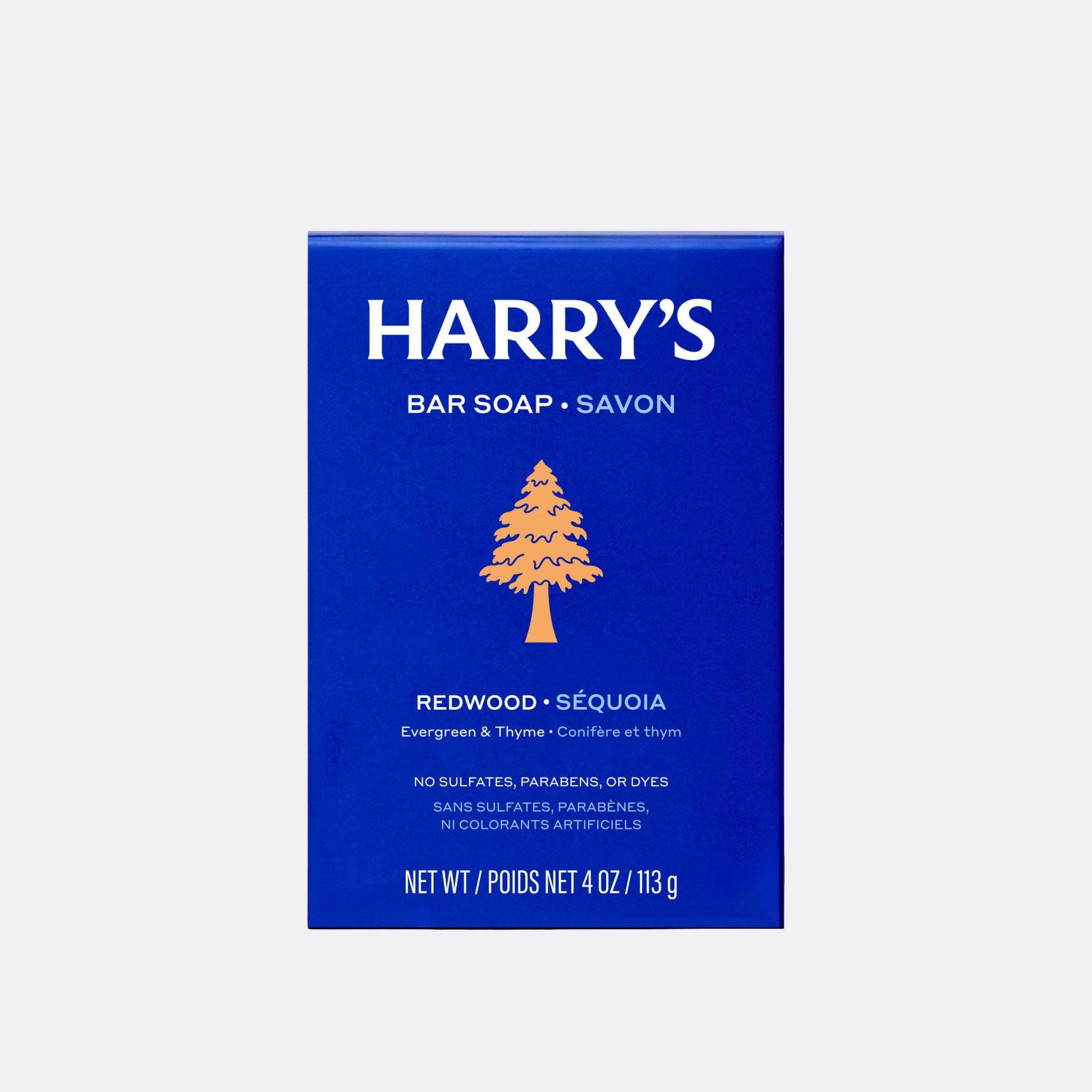 A blue rectangular box of Harry's Bar Soap, Redwood & Séquoia, on a light gray background. The box features white text and a stylized orange pine tree logo.