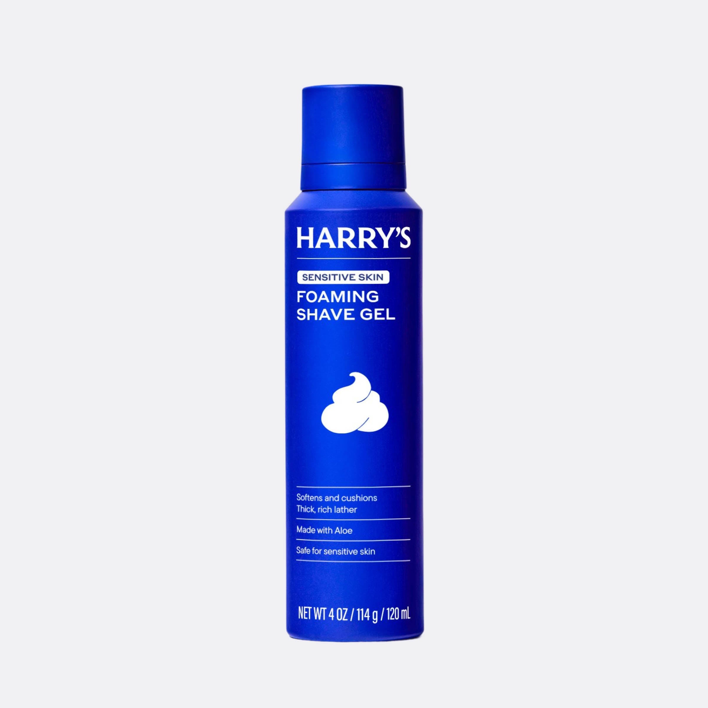 Blue bottle of Harry's foaming shave gel on a white background