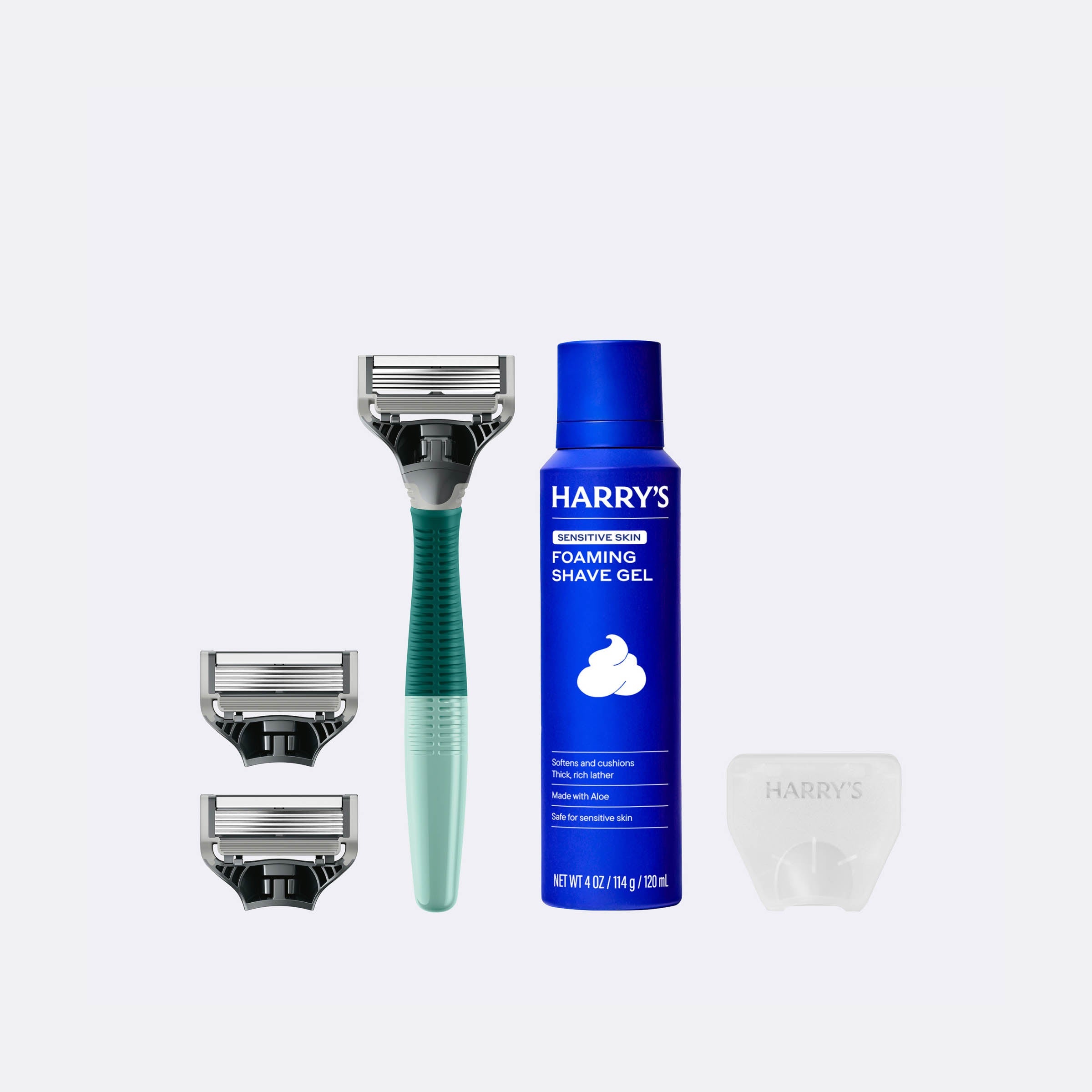 Harry's shaving product set including a razor, shave gel, and razor heads on a white background