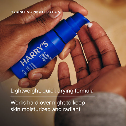 Hand holding a blue bottle of Harry's hydrating night lotion with text about its features.