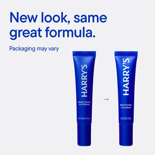 Two blue eye cream tubes labeled 'Harry's' on a white background with text about new packaging.