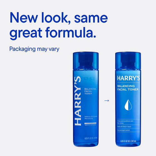 Two bottles of Harry's Balancing Facial Toner with text 'New look, same great formula.'