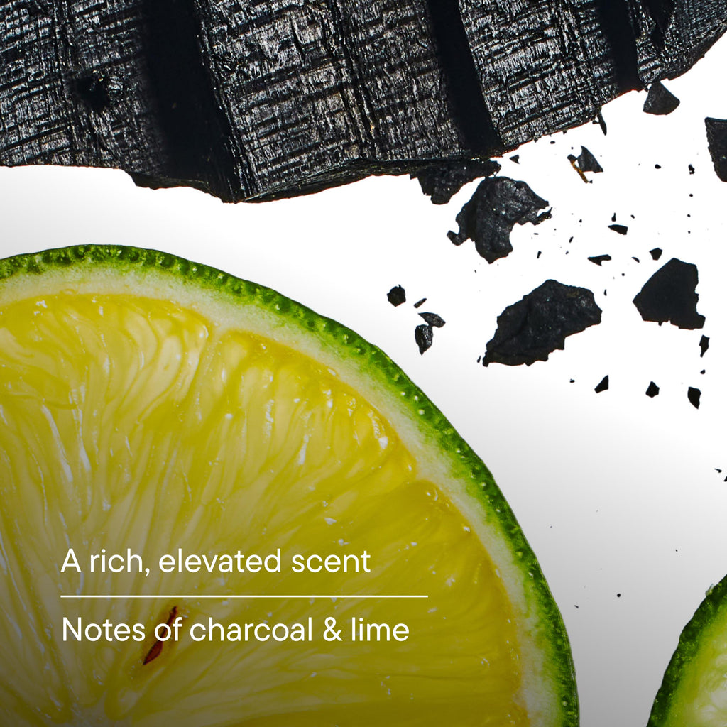 Sliced lime with charcoal pieces on a white background