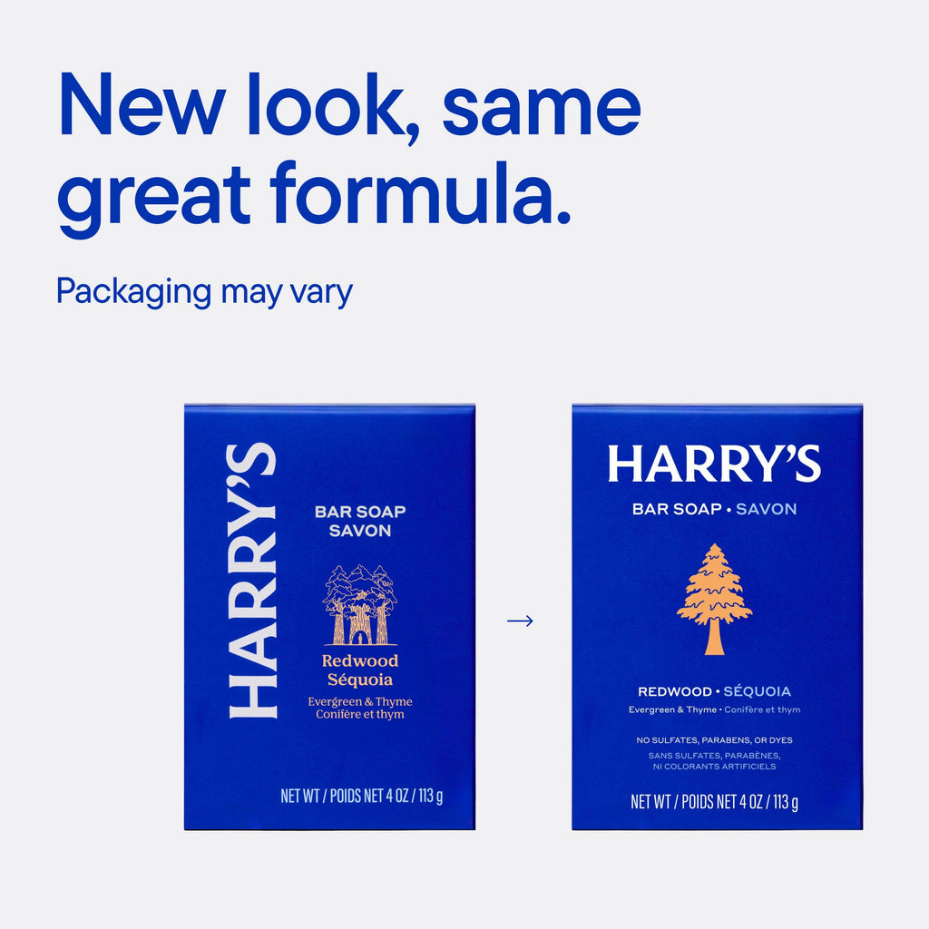 Two blue Harry's Bar Soap boxes shown side by side on a light gray background, with headline text above reading 'New look, same great formula.' and smaller text 'Packaging may vary.