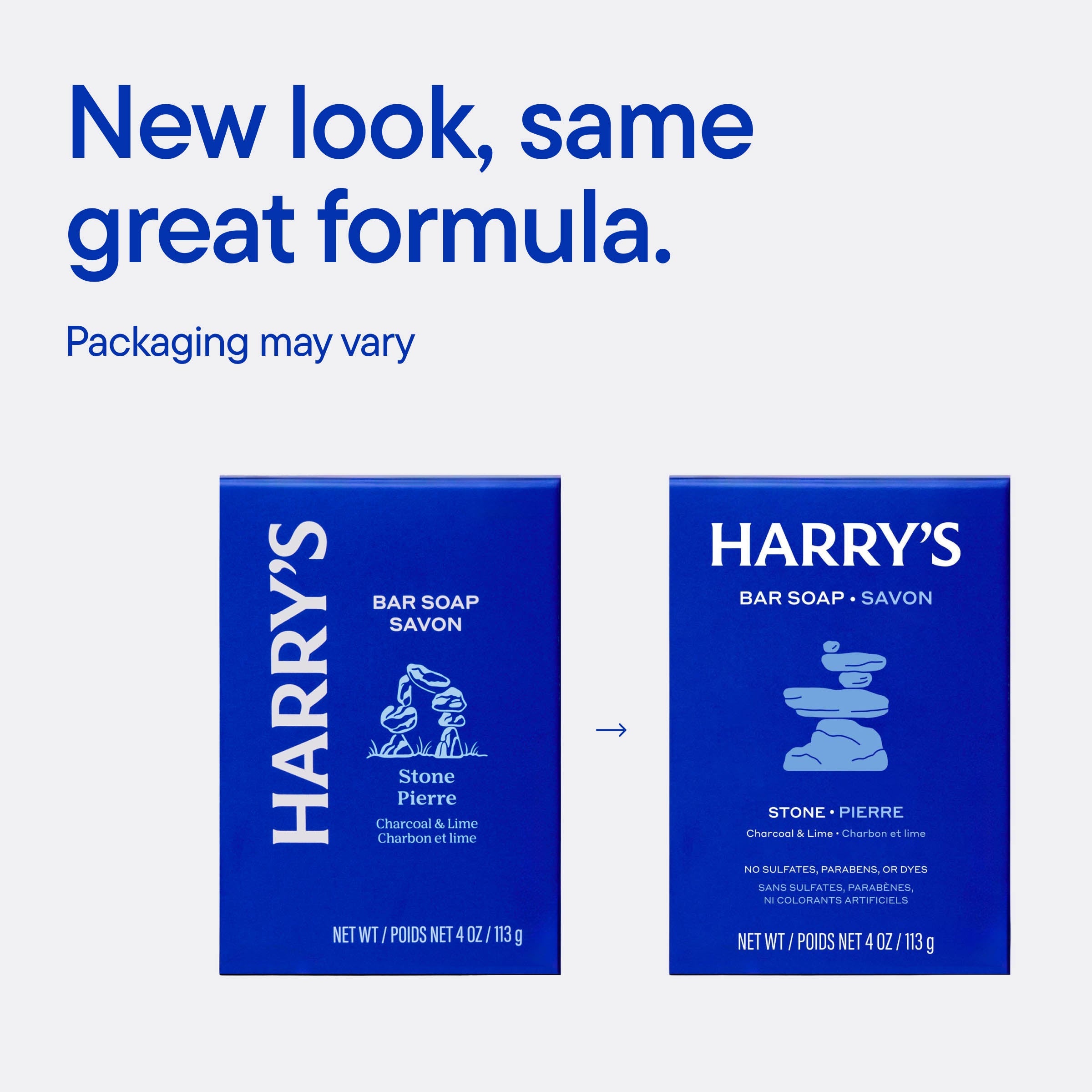 A product graphic showing two blue bars of Harry's Bar Soap side by side on a light gray background, with headline text at the top reading 'New look, same great formula.' and a note that packaging may vary.