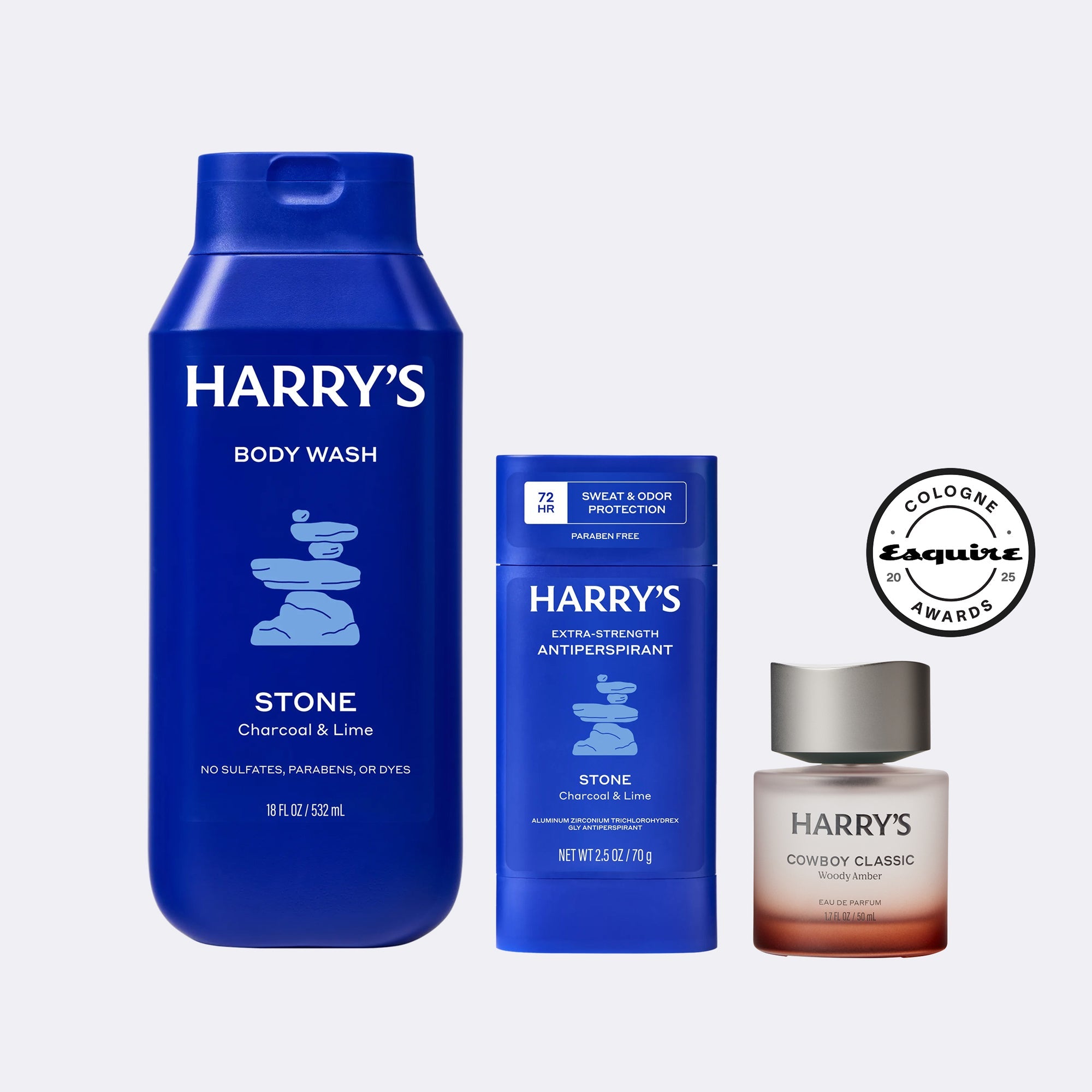 Three Harry's body products including body wash, antiperspirant, and cologne on a light gray background.