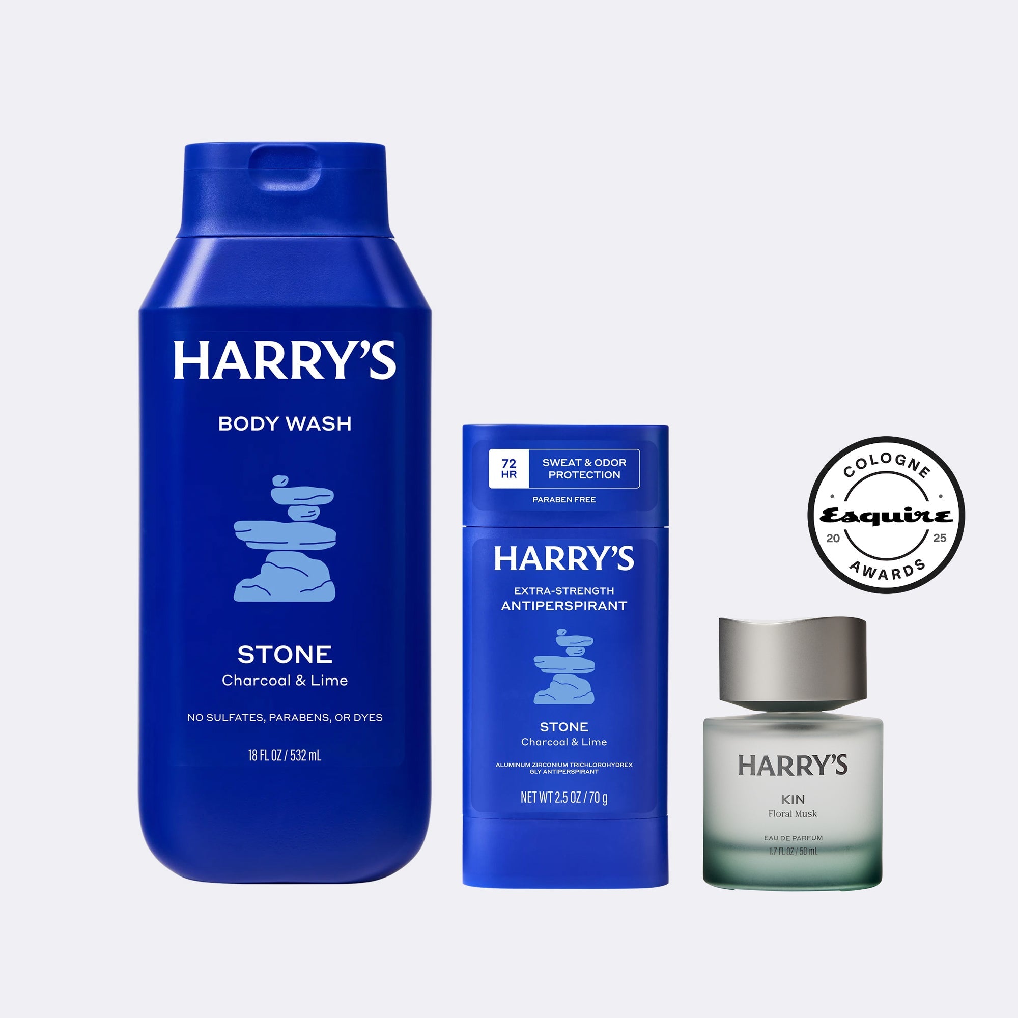 Collection of Harry's grooming products including body wash, antiperspirant, and cologne on a light gray background.