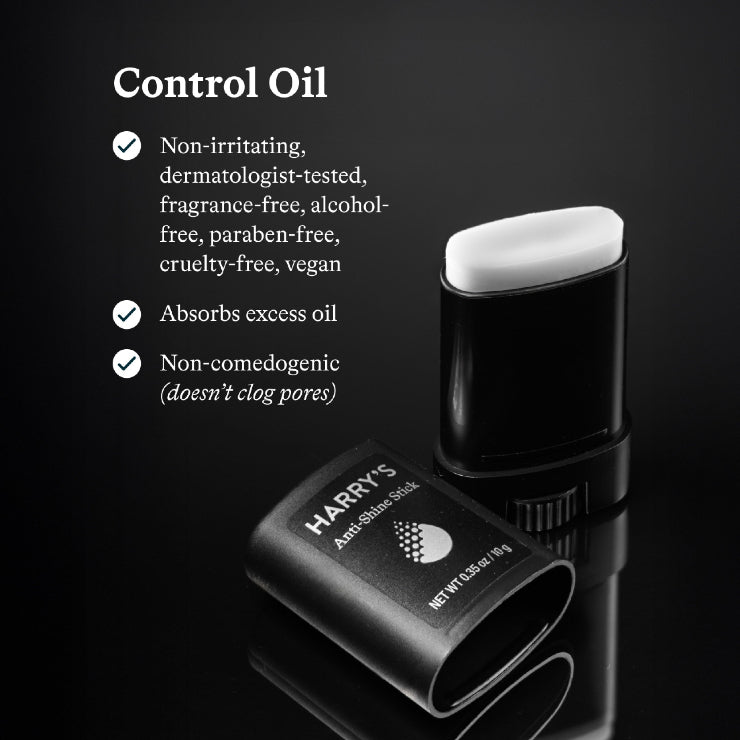 Control oil stick with black packaging and white cap on a reflective black surface, featuring Harry's brand.