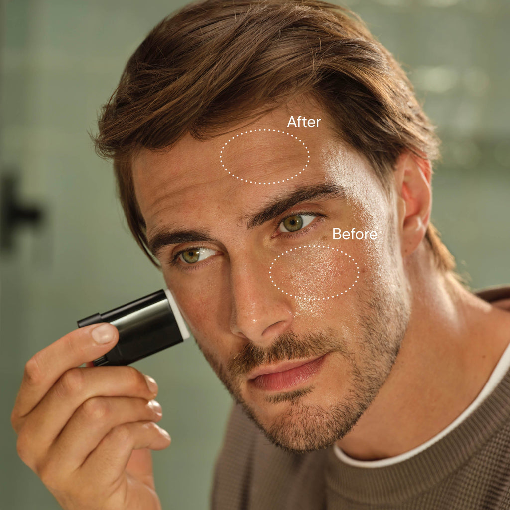 Man using a device on his face with 'Before' and 'After' labels.