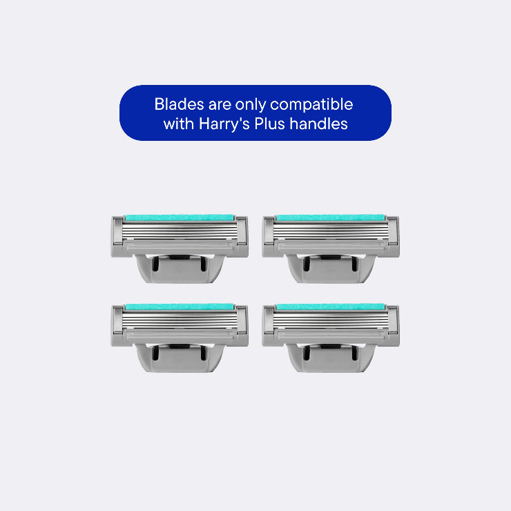 Four razor blades with a blue label indicating compatibility with Harry's Plus handles on a light gray background.