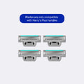 Four razor blades with a blue label indicating compatibility with Harry's Plus handles on a light gray background.